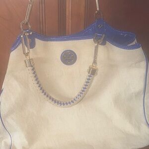 Tory Burch Cream and Blue Structured  Bag